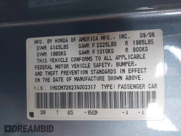 2007 Honda Accord EX-L with VIN 1HGCM72627A002317, listed as a IAAI auction lot 42657364 with 319,345 mi miles and . Bid and sale history available at DreamBid. Image 9.