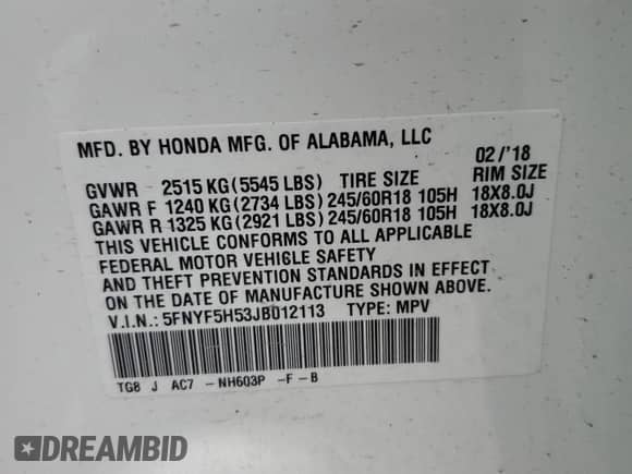 2018 Honda Pilot EX-L z VIN 5FNYF5H53JB012113, wystawiony jako Copart lot #68361315 z przebiegiem 73 022 mil mil oraz Szkoda całkowita • Salvage title. Historia ofert i sprzedaży dostępna na DreamBid. Obrazek 14.