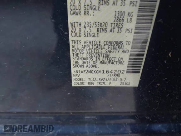 2016 Nissan Murano Platinum with VIN 5N1AZ2MGXGN164202, listed as a IAAI auction lot 41475655 with 172,369 mi miles and . Bid and sale history available at DreamBid. Image 9.