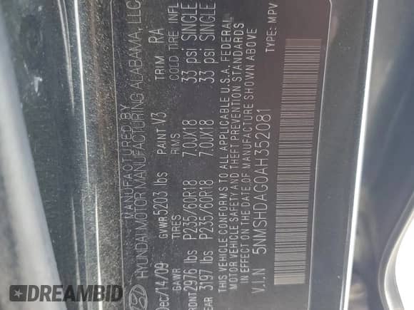 2010 Hyundai Santa Fe SE с VIN 5NMSHDAG0AH352081, выставлен на аукционе Copart как лот 85747875 с пробегом 161 182 миль миль и Списание • Salvage title. История ставок и продаж доступна на DreamBid. Изображение 14.