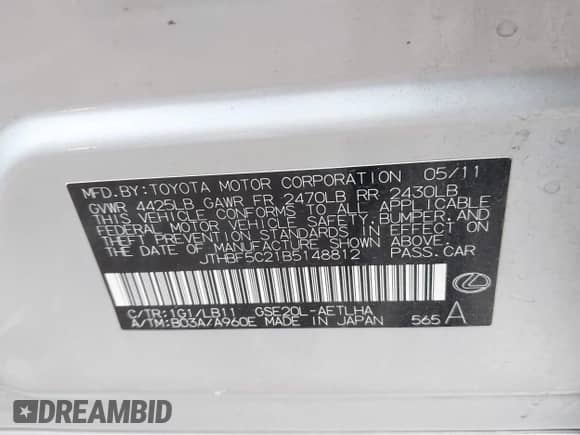 2011 Lexus IS 250 z VIN JTHBF5C21B5148812, wystawiony jako IAAI lot #42231312 z przebiegiem 188 679 mil mil oraz . Historia ofert i sprzedaży dostępna na DreamBid. Obrazek 9.