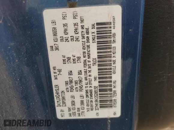 2002 Dodge 1500 with VIN 3D7HA18N12G209192, listed as a Copart auction lot 70738825 with Not provided miles and Salvage title. Bid and sale history available at DreamBid. Image 12.