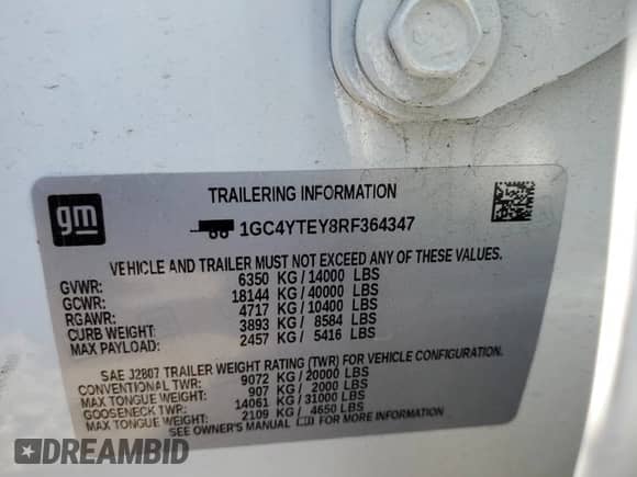 2024 Chevrolet Silverado 3500HD LT с VIN 1GC4YTEY8RF364347, выставлен на аукционе Copart как лот 82854484 с пробегом 55 631 миль миль и Списание • Salvage title. История ставок и продаж доступна на DreamBid. Изображение 13.