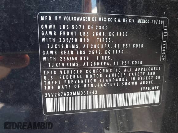 2021 Volkswagen Tiguan SE с VIN 3VV2B7AX3MM031643, выставлен на аукционе IAAI как лот 42671418 с пробегом 26 097 миль миль и . История ставок и продаж доступна на DreamBid. Изображение 9.