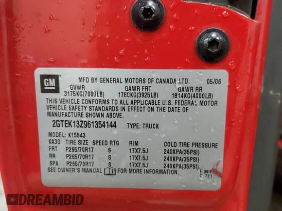 2006 GMC Sierra 1500 SLE1 with VIN 2GTEK13Z961354144, listed as a Copart auction lot 57859295 with 240,571 mi miles and Clean title. Bid and sale history available at DreamBid. Image 13.