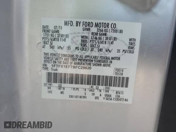 2011 Ford F-150 XL с VIN 1FTFX1EF7BFC29820, выставлен на аукционе Copart как лот 69883795 с пробегом 131 224 миль миль и Списание • Salvage title. История ставок и продаж доступна на DreamBid. Изображение 12.