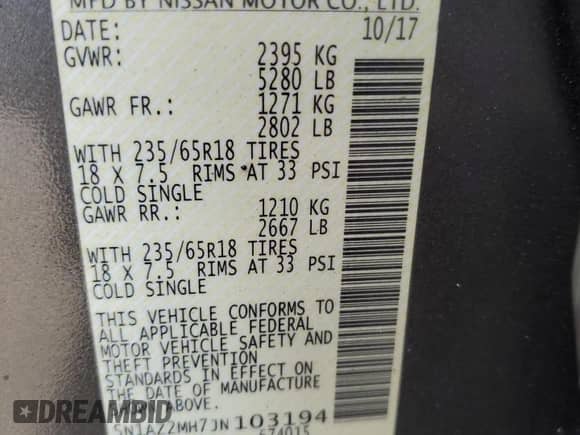 2018 Nissan Murano S z VIN 5N1AZ2MH7JN103194, wystawiony jako Copart lot #81264705 z przebiegiem 67 424 mil mil oraz Szkoda całkowita • Salvage title. Historia ofert i sprzedaży dostępna na DreamBid. Obrazek 13.