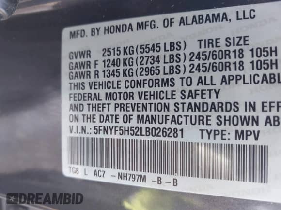 2020 Honda Pilot EX-L z VIN 5FNYF5H52LB026281, wystawiony jako IAAI lot #42343728 z przebiegiem 91 350 mil mil oraz . Historia ofert i sprzedaży dostępna na DreamBid. Obrazek 9.