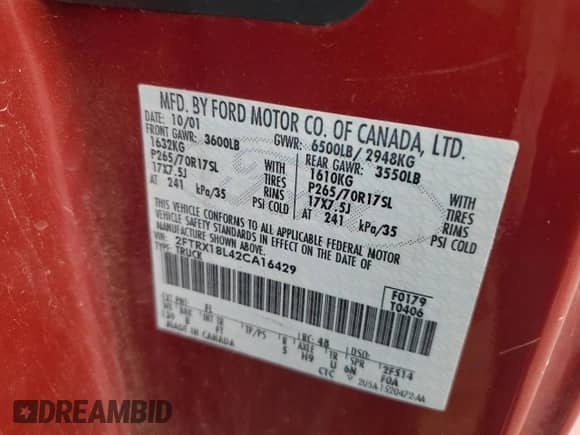 2002 Ford F-150 XL with VIN 2FTRX18L42CA16429, listed as a Copart auction lot 81794865 with Not provided miles and Clean title. Bid and sale history available at DreamBid. Image 12.