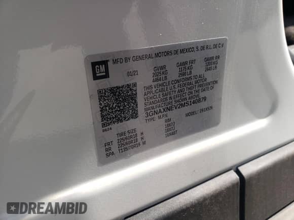 2021 Chevrolet Equinox Premier with VIN 3GNAXNEV2MS140879, listed as a Copart auction lot 85276505 with 44,034 mi miles and Salvage title. Bid and sale history available at DreamBid. Image 14.