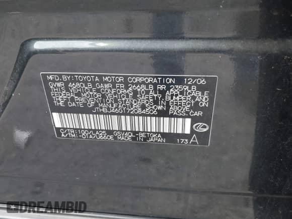 2007 Lexus ES 330 with VIN JTHBJ46G172084506, listed as a IAAI auction lot 43232507 with 164,686 mi miles and . Bid and sale history available at DreamBid. Image 9.