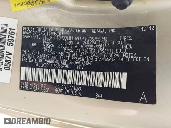 2013 Toyota Sienna XLE с VIN 5TDDK3DC4DS055796, выставлен на аукционе IAAI как лот 41993530 с пробегом 256 735 миль миль и . История ставок и продаж доступна на DreamBid. Изображение 9.