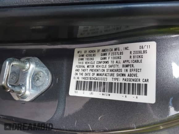 2012 Honda Accord LX-S with VIN 1HGCS1B34CA000023, listed as a IAAI auction lot 42910206 with 203,594 mi miles and . Bid and sale history available at DreamBid. Image 9.