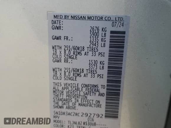 2024 Nissan Pathfinder S with VIN 5N1DR3AC2RC292792, listed as a Copart auction lot 67225005 with 10,449 mi miles and Salvage title. Bid and sale history available at DreamBid. Image 14.