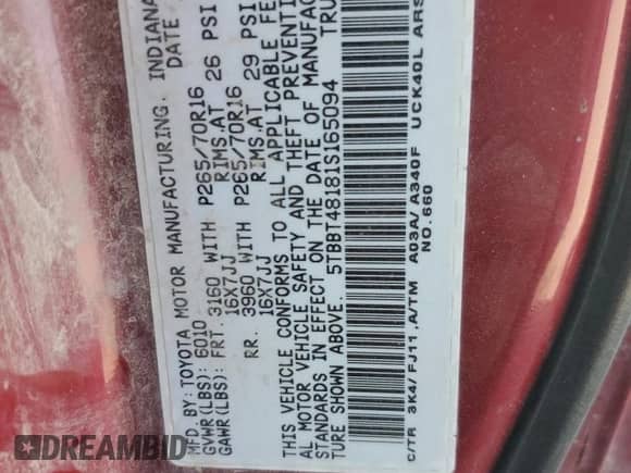 2001 Toyota Tundra Limited z VIN 5TBBT48181S165094, wystawiony jako Copart lot #55515765 z przebiegiem 264 859 mil mil oraz Czysty tytuł • Clean title. Historia ofert i sprzedaży dostępna na DreamBid. Obrazek 12.