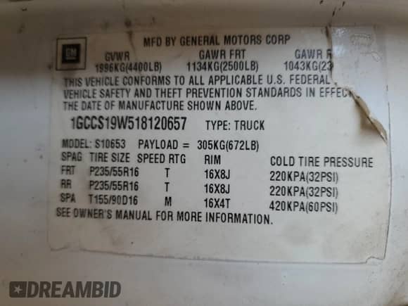 2001 Chevrolet S-10 LS Xtreme z VIN 1GCCS19W518120657, wystawiony jako Copart lot #70318315 z przebiegiem 85 609 mil mil oraz Szkoda całkowita • Salvage title. Historia ofert i sprzedaży dostępna na DreamBid. Obrazek 12.