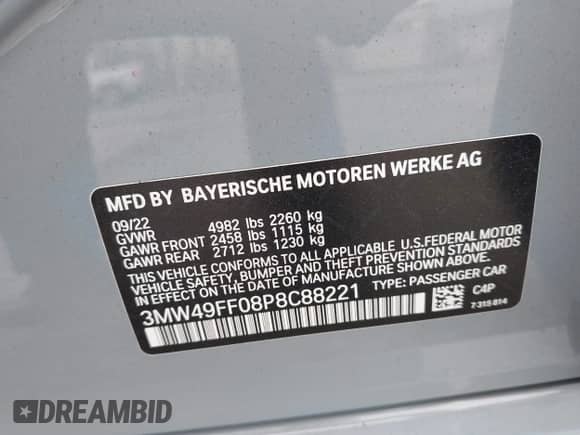 2023 BMW 3 Series M340i xDrive with VIN 3MW49FF08P8C88221, listed as a IAAI auction lot 42504354 with 31,398 mi miles and . Bid and sale history available at DreamBid. Image 9.