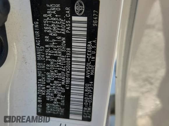 2013 Toyota Camry LE z VIN 4T1BD1FK5DU081938, wystawiony jako Copart lot #86591065 z przebiegiem 177 275 mil mil oraz Szkoda całkowita • Salvage title. Historia ofert i sprzedaży dostępna na DreamBid. Obrazek 12.