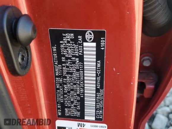 2010 Toyota Camry LE z VIN 4T1BF3EK1AU081177, wystawiony jako Copart lot #80056365 z przebiegiem 177 148 mil mil oraz Szkoda całkowita • Salvage title. Historia ofert i sprzedaży dostępna na DreamBid. Obrazek 12.