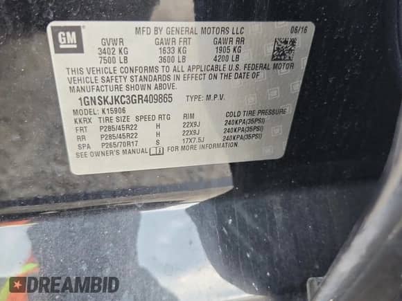 2016 Chevrolet Suburban LTZ с VIN 1GNSKJKC3GR409865, выставлен на аукционе Copart как лот 60725995 с пробегом 196 333 миль миль и Списание • Salvage title. История ставок и продаж доступна на DreamBid. Изображение 14.