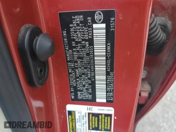 2009 Toyota Camry z VIN 4T1BE46K09U382655, wystawiony jako Copart lot #80405155 z przebiegiem Nie podano mil oraz Szkoda całkowita • Salvage title. Historia ofert i sprzedaży dostępna na DreamBid. Obrazek 12.