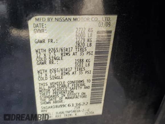 2009 Nissan Pathfinder SE z VIN 5N1AR18U99C613622, wystawiony jako Copart lot #75116613 z przebiegiem 160 152 mil mil oraz Szkoda całkowita • Salvage title. Historia ofert i sprzedaży dostępna na DreamBid. Obrazek 12.