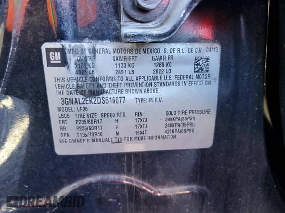 2013 Chevrolet Captiva Sport LS z VIN 3GNAL2EK2DS616077, wystawiony jako Copart lot #79510774 z przebiegiem 143 763 mil mil oraz Szkoda całkowita • Salvage title. Historia ofert i sprzedaży dostępna na DreamBid. Obrazek 14.