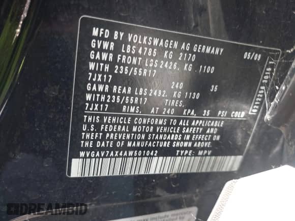 2010 Volkswagen Tiguan S с VIN WVGAV7AX4AW501042, выставлен на аукционе IAAI как лот 42858452 с пробегом 125 779 миль миль и . История ставок и продаж доступна на DreamBid. Изображение 9.