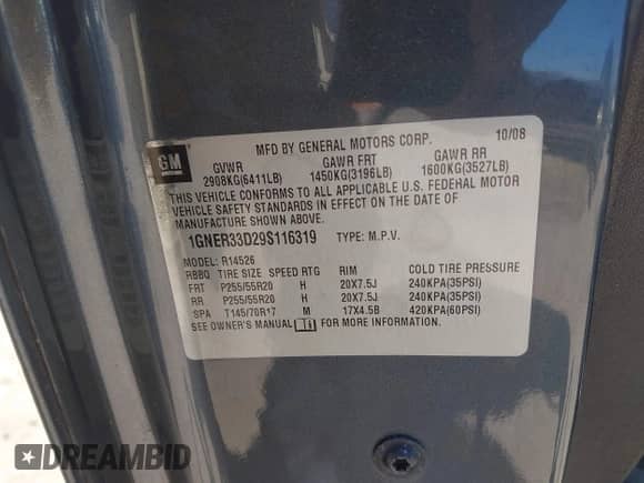 2009 Chevrolet Traverse LTZ с VIN 1GNER33D29S116319, выставлен на аукционе IAAI как лот 42259710 с пробегом Не указан миль и . История ставок и продаж доступна на DreamBid. Изображение 9.