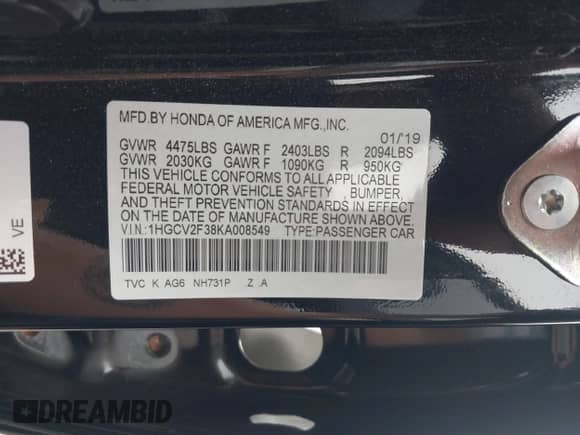 2019 Honda Accord Sport with VIN 1HGCV2F38KA008549, listed as a IAAI auction lot 42331793 with 82,195 mi miles and . Bid and sale history available at DreamBid. Image 9.