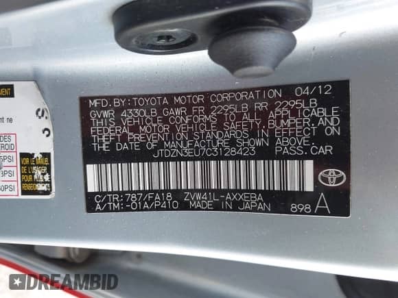 2012 Toyota Prius Two z VIN JTDZN3EU7C3128423, wystawiony jako IAAI lot #43160027 z przebiegiem 155 339 mil mil oraz . Historia ofert i sprzedaży dostępna na DreamBid. Obrazek 9.