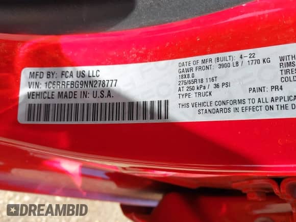 2022 Ram 1500 Big Horn with VIN 1C6RRFBG9NN278777, listed as a IAAI auction lot 41982381 with 66,070 mi miles and . Bid and sale history available at DreamBid. Image 9.
