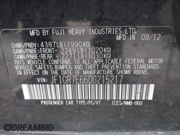 2013 Subaru WRX WRX с VIN JF1GR7E66DG215217, выставлен на аукционе IAAI как лот 40821483 с пробегом 108 295 миль миль и . История ставок и продаж доступна на DreamBid. Изображение 9.