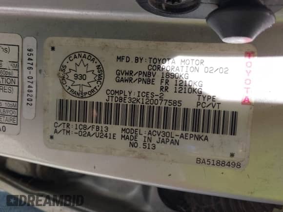 2002 Toyota Camry LE с VIN JTDBE32K120077585, выставлен на аукционе IAAI как лот 42328639 с пробегом 179 954 миль миль и . История ставок и продаж доступна на DreamBid. Изображение 9.