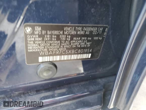 2011 BMW 5 Series 535i с VIN WBAFR7C5XBC801954, выставлен на аукционе Copart как лот 85010815 с пробегом 56 041 миль миль и Списание • Salvage title. История ставок и продаж доступна на DreamBid. Изображение 12.