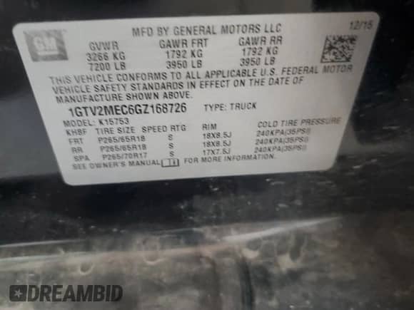 2016 GMC Sierra 1500 SLE with VIN 1GTV2MEC6GZ168726, listed as a Copart auction lot 70928615 with 159,826 mi miles and Salvage title. Bid and sale history available at DreamBid. Image 12.