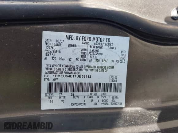 2007 Ford Explorer Eddie Bauer with VIN 1FMEU64E17UB59112, listed as a IAAI auction lot 43478251 with 196,619 mi miles and . Bid and sale history available at DreamBid. Image 9.