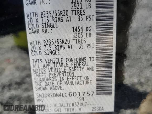 2020 Nissan Pathfinder Platinum with VIN 5N1DR2DN4LC601757, listed as a Copart auction lot 86263414 with 79,194 mi miles and Salvage title. Bid and sale history available at DreamBid. Image 13.