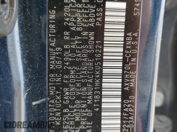 2019 Toyota Camry Hybrid LE с VIN 4T1B31HK4KU516221, выставлен на аукционе Copart как лот 86147575 с пробегом 357 869 миль миль и Чистый • Clean title. История ставок и продаж доступна на DreamBid. Изображение 12.