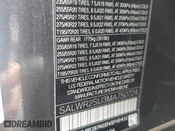2021 Land Rover Range Rover Sport HSE Silver Edition with VIN SALWR2SU3MA750724, listed as a Copart auction lot 80509815 with 91,885 mi miles and Salvage title. Bid and sale history available at DreamBid. Image 14.