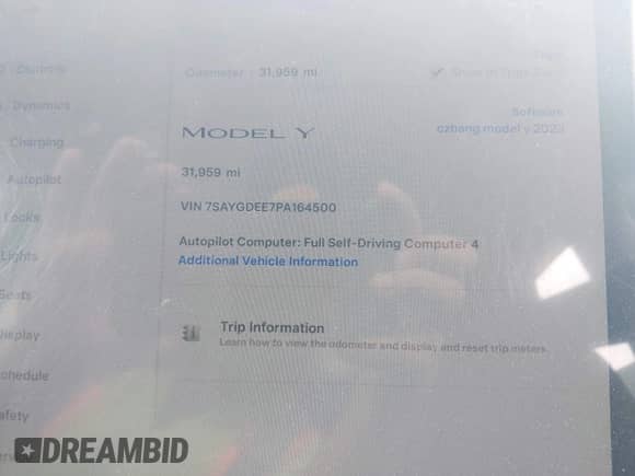 2023 Tesla Model Y Long Range с VIN 7SAYGDEE7PA164500, выставлен на аукционе IAAI как лот 42927626 с пробегом 31 959 миль миль и . История ставок и продаж доступна на DreamBid. Изображение 7.