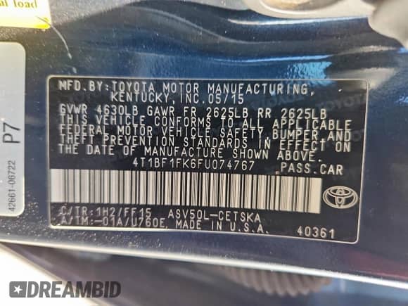 2015 Toyota Camry SE z VIN 4T1BF1FK6FU074767, wystawiony jako Copart lot #84054815 z przebiegiem 343 541 mil mil oraz Czysty tytuł • Clean title. Historia ofert i sprzedaży dostępna na DreamBid. Obrazek 12.