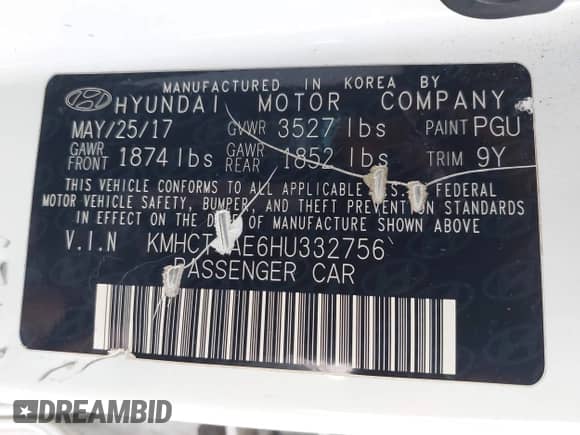 2017 Hyundai Accent Value Edition с VIN KMHCT4AE6HU332756, выставлен на аукционе IAAI как лот 42377678 с пробегом Не указан миль и . История ставок и продаж доступна на DreamBid. Изображение 9.