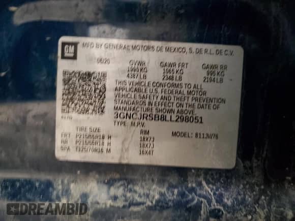 2020 Chevrolet Trax Premier with VIN 3GNCJRSB8LL298051, listed as a Copart auction lot 46712385 with Not provided miles and Clean title. Bid and sale history available at DreamBid. Image 13.