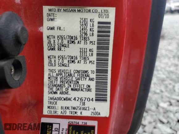2010 Nissan Frontier SE with VIN 1N6AD0CW8AC426704, listed as a Copart auction lot 79694114 with 204,736 mi miles and Salvage title. Bid and sale history available at DreamBid. Image 12.