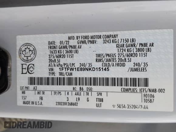 2022 Ford F-150 XLT с VIN 1FTFW1E89NKD15145, выставлен на аукционе Copart как лот 89542505 с пробегом 148 440 миль миль и Списание • Salvage title. История ставок и продаж доступна на DreamBid. Изображение 12.