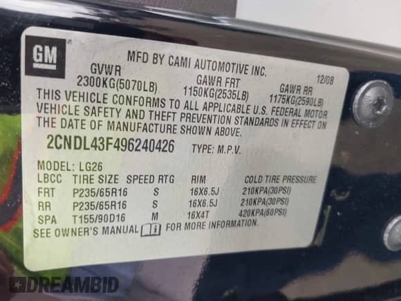 2009 Chevrolet Equinox 1LT z VIN 2CNDL43F496240426, wystawiony jako IAAI lot #42738508 z przebiegiem 218 369 mil mil oraz . Historia ofert i sprzedaży dostępna na DreamBid. Obrazek 9.