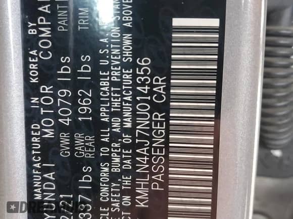 2022 Hyundai Elantra Limited with VIN KMHLN4AJ7NU014356, listed as a Copart auction lot 84930985 with 56,615 mi miles and Salvage title. Bid and sale history available at DreamBid. Image 12.