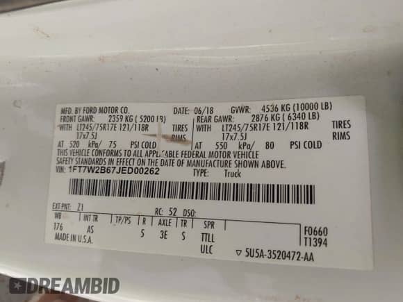 2018 Ford F-250 XL с VIN 1FT7W2B67JED00262, выставлен на аукционе IAAI как лот 42989329 с пробегом 153 893 миль миль и . История ставок и продаж доступна на DreamBid. Изображение 9.