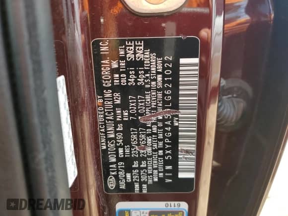 2020 Kia Sorento LX с VIN 5XYPG4A59LG621022, выставлен на аукционе Copart как лот 69109235 с пробегом 86 974 миль миль и Списание • Salvage title. История ставок и продаж доступна на DreamBid. Изображение 12.